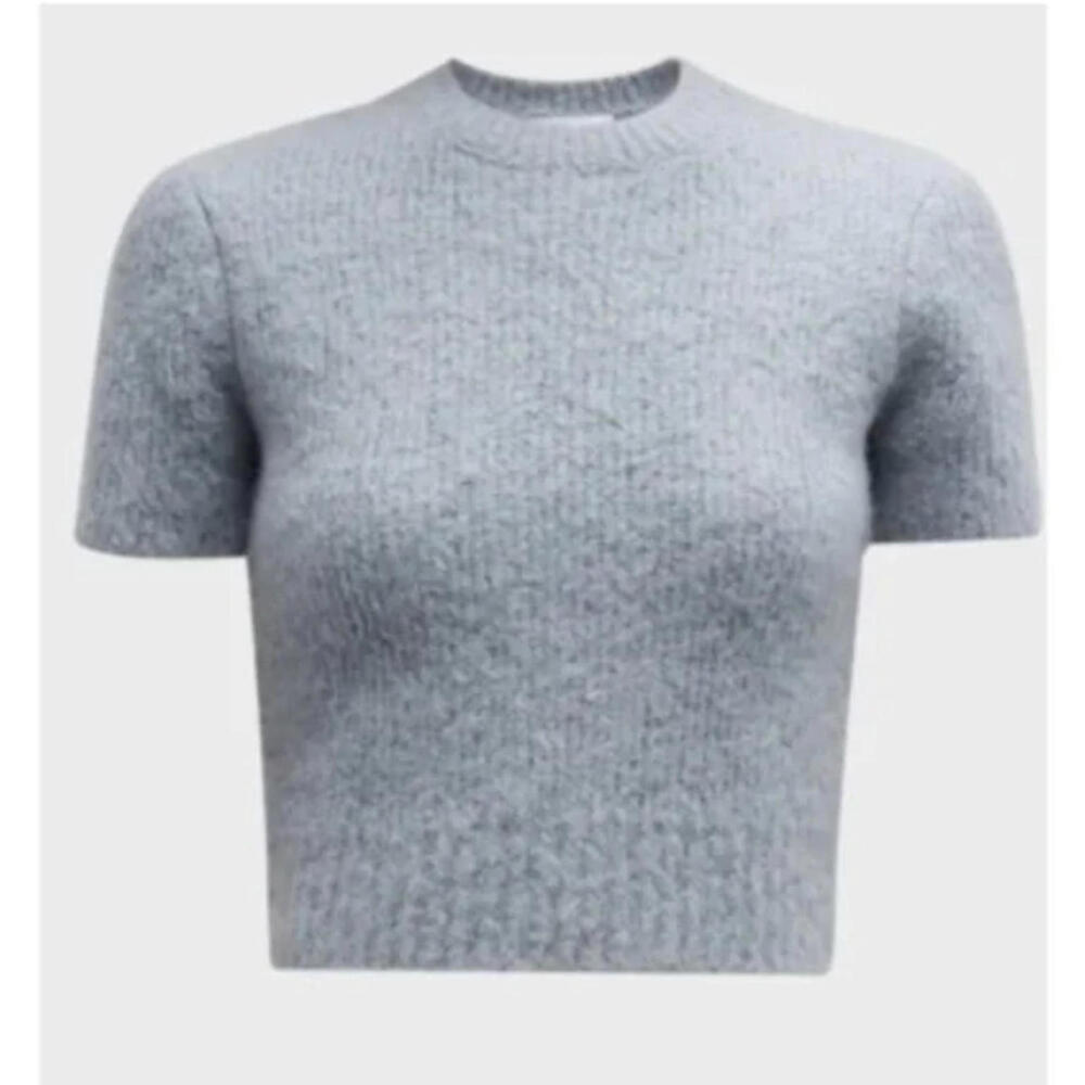 FRAME Women's Crewneck Sweater XS Fitted Short Sleeve Cropped Chambray Blue $395
